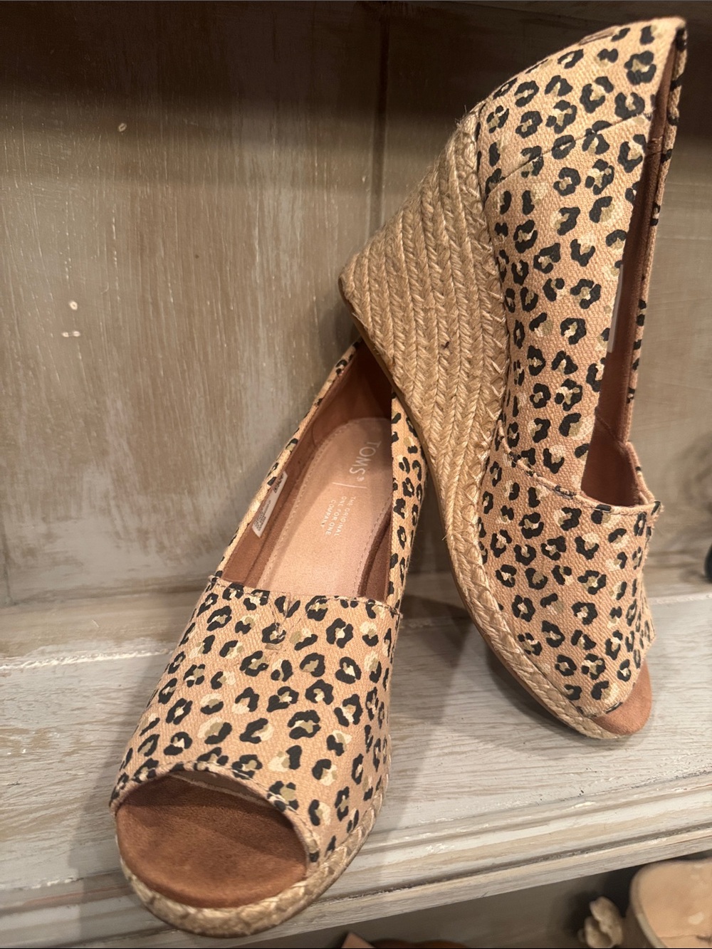 Toms Leopard Print Espadrille Wedge Peep-Toe - Tan/Black